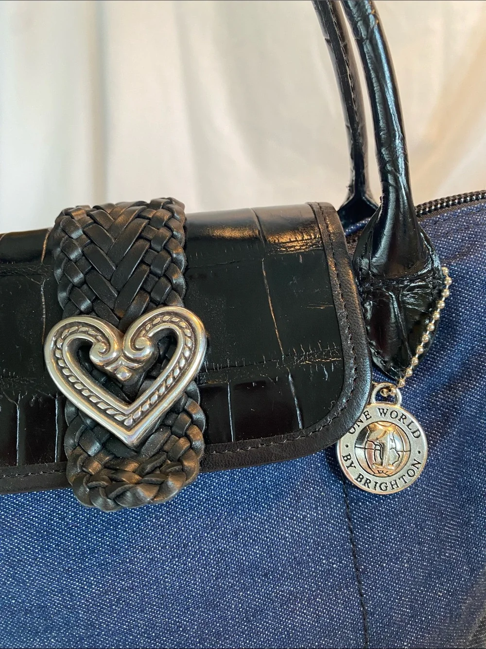 Brighton Denim Foldable Tote Purse Black Croc-Texture Trim Heart Clasp One World